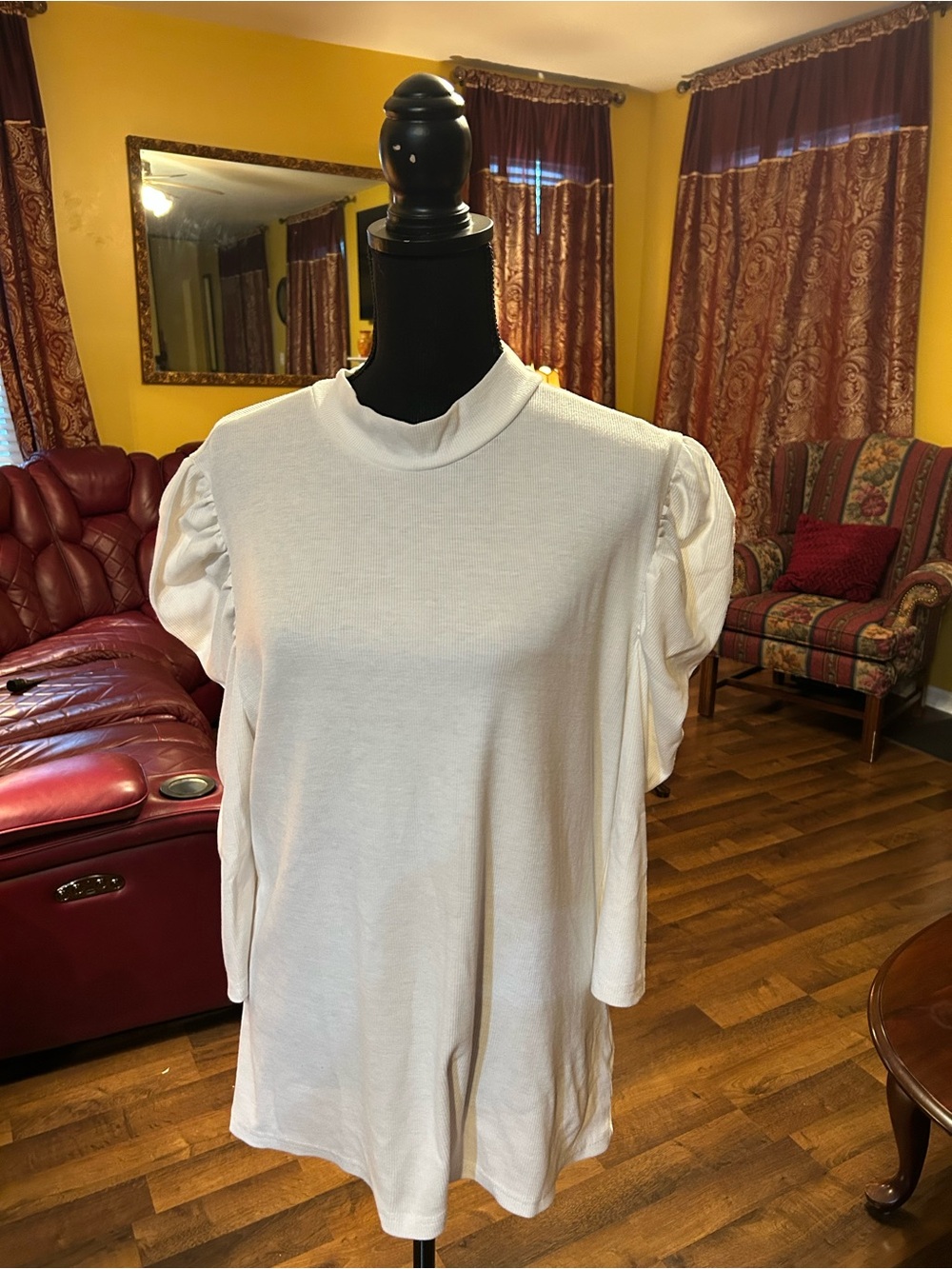 SHEIN White Mock Neck Puff Sleeve Short Sleeve Top